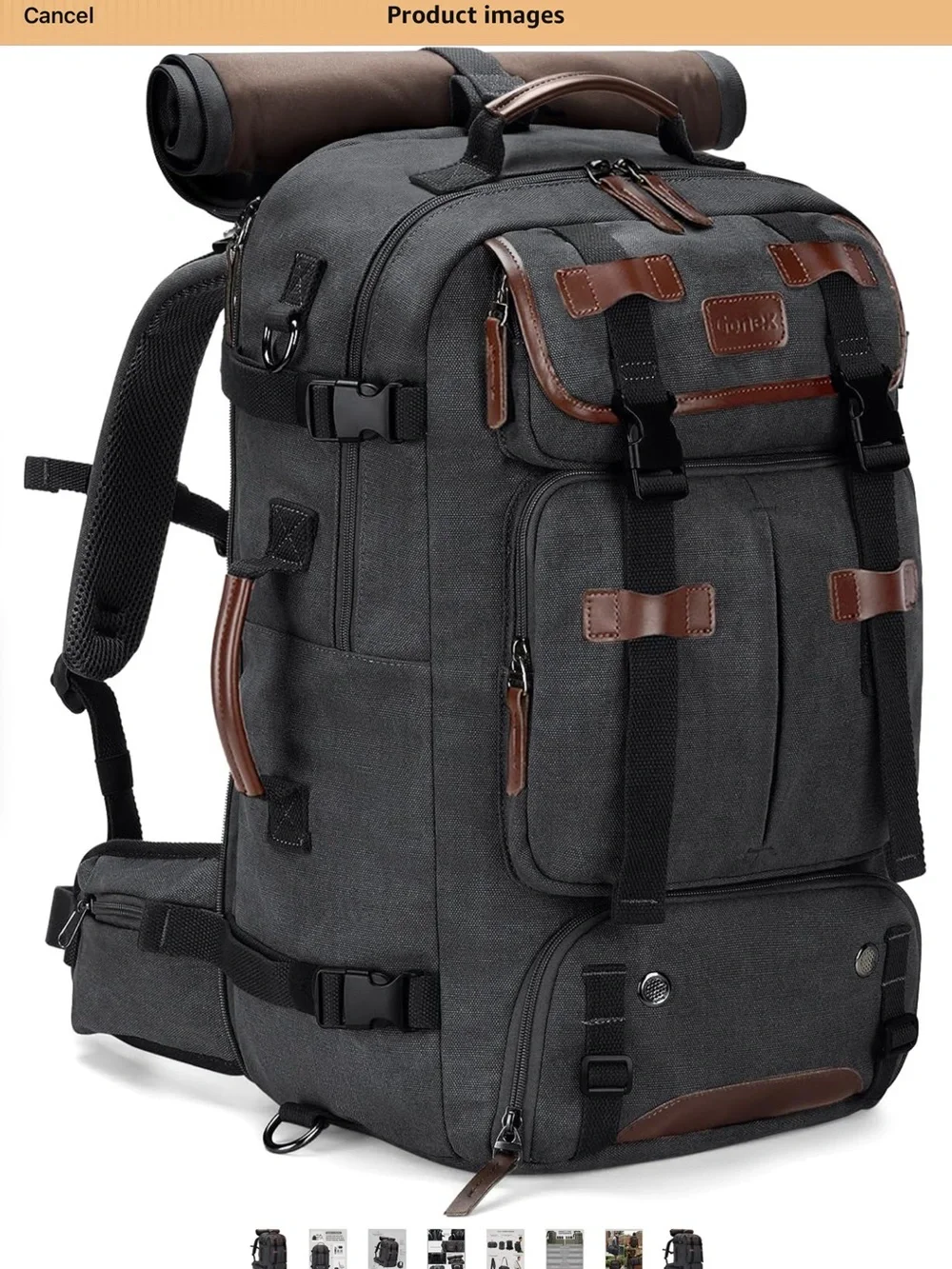 Canvas Travel Backpack for Men - Charcoal with Brown Trim